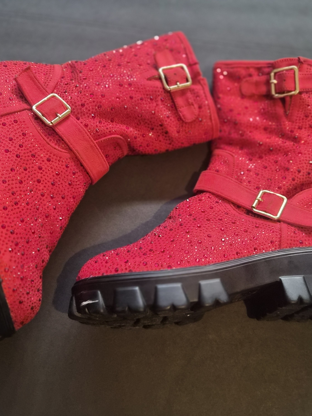 Women's Red Rhinestone Buckle Lace-Up Ankle Boots
